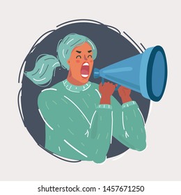 Cartoon Vector Illustration Of Shout Icon Vector. Woman Shouts In Megaphone.