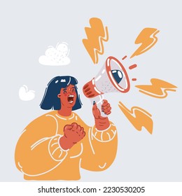 Cartoon vector illustration of Shout out loud with megaphone. Woman announces with a voice about promotions and advertisements for products at a discounted price. Shopping and fashion concept.
