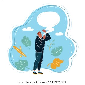 Cartoon vector illustration of shouting man with speech bubble on blue.