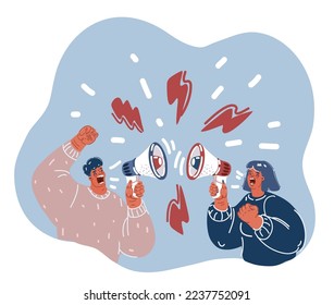 Cartoon vector illustration of Shouting people. sScreaming into megaphone. Communication, empowerment, rights, the struggle of strong women.