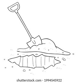 Cartoon vector illustration of shovel and dig soil. Black outlined and white colored.