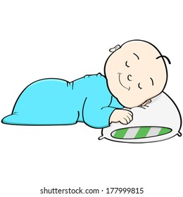 Cartoon vector illustration showing a baby sleeping with its head on a pillow