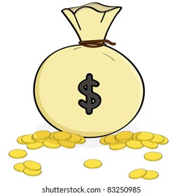 Cartoon vector illustration showing a bag of money with coins spread around it