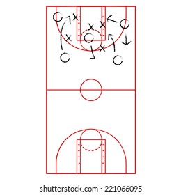 Cartoon Vector Illustration Showing A Basketball Court Drawn Onto A Clipboard With Arrows Representing A Game Plan