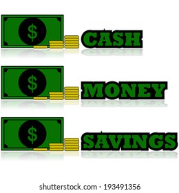 Cartoon vector illustration showing a bill with some coins and words like cash, money and savings