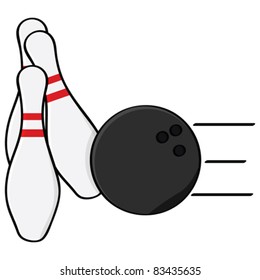Cartoon vector illustration showing a bowling ball hitting some pins