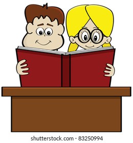 Cartoon vector illustration showing a boy and a girl studying together reading a book
