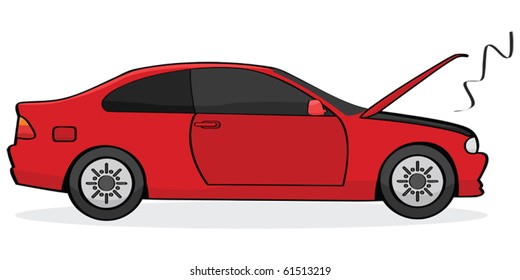 Cartoon Vector Illustration Showing A Broken Car With Its Hood Open And Smoke Coming Out Of The Engine