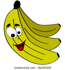 Cartoon vector illustration showing a bunch of bananas, including a happy one