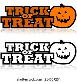 Cartoon vector illustration showing a carved pumpkin beside the words 'Trick or treat'