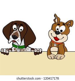 Cartoon vector illustration showing a couple of dogs looking over a wall