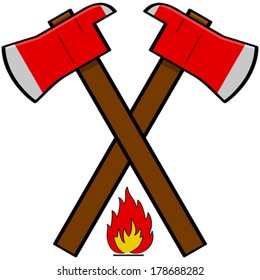 Cartoon vector illustration showing a couple of fireman axes over a little flame icon