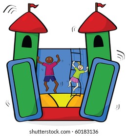 Cartoon vector illustration showing a couple of kids having fun in a bouncing castle