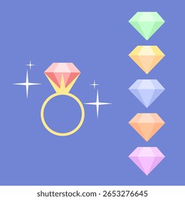 Cartoon vector illustration showing different color of diamond wedding ring. Engagement, marriage and love symbol set