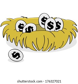 Cartoon vector illustration showing eggs with dollar signs on them inside a bird nest  