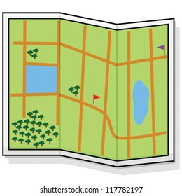 Cartoon vector illustration showing a generic map with some roads and natural features such as trees and lakes