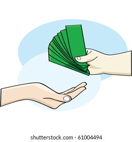 Cartoon vector illustration showing a hand giving money and an open hand accepting it