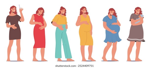 Cartoon Vector Illustration Showing The Journey from Pregnancy Test Through Various Stages to Motherhood. Each Stage Highlights Different Phases and Emotional Expressions of Expecting Mother Character