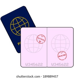 Cartoon vector illustration showing a passport with stamps for entry denied and accepted