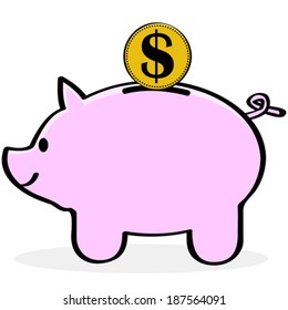 Cartoon vector illustration showing a pink piggy bank with a golden coin about to be inserted in it