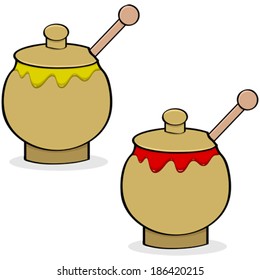 Cartoon vector illustration showing a pot of mustard and another one of ketchup