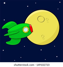 Cartoon vector illustration showing a rocket hitting the moon straight on