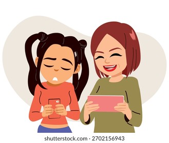 Ilustração vetorial de desenhos animados mostrando uma adolescente triste e sua mãe falando sobre vício em mídias sociais e smartphones. Desenho para psicologia e educação parental