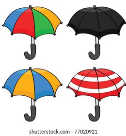 Cartoon vector illustration showing a set of different color and pattern umbrellas