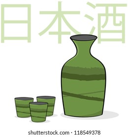 Cartoon vector illustration showing a small sake bottle and little cups, with Japanese ideograms in the background