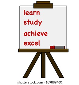 Cartoon vector illustration showing steps for proper learning written on a piece of paper held by an easel