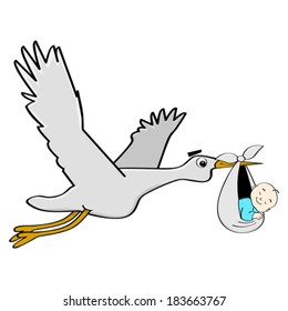 Cartoon vector illustration showing a stork carrying a sleeping baby. 