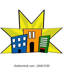 Cartoon vector illustration showing stylized buildings from a downtown core in different colors