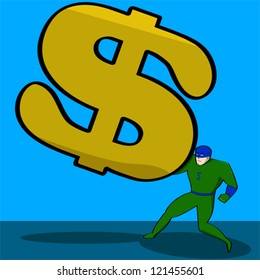 Cartoon vector illustration showing a superhero trying to hold off a giant dollar sign