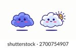 Cartoon vector illustration showing two clouds with expressive faces one sad purple cloud and one happy white cloud with a smiling sun peeking behind represents emotions, weather for icon or sticker
