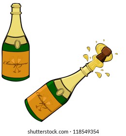 Cartoon vector illustration showing two champagne bottles, one closed and the other being opened
