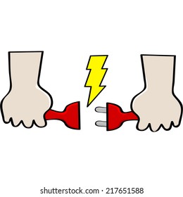 Cartoon vector illustration showing two hands holding opposite ends of electrical cords about to connect them