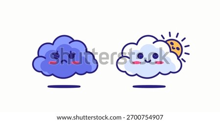 Cartoon vector illustration showing two clouds with expressive faces one sad purple cloud and one happy white cloud with a smiling sun peeking behind represents emotions, weather for icon or sticker