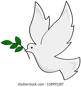 Cartoon vector illustration showing a white dove carrying a small branch, symbolizing peace