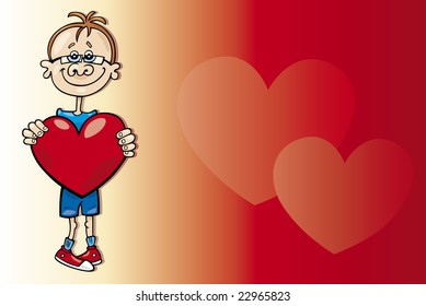 cartoon vector illustration of shy boy in love with big heart