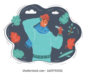 Cartoon vector illustration of Sick man. Unhappy character. Sick person with flu virus hold thermometer. Health concept. Ma in scarf have fever on dark background.