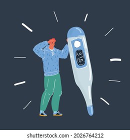 Cartoon vector illustration of sick man with fever on dark backgound.