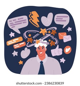 Cartoon vector illustration of Sick man having dizzy symptom. Male feeling vertigo. Dizziness illness over dark background