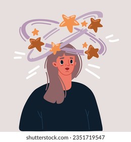 Cartoon vector illustration of Sick woman having dizzy symptom Female feeling vertigo. Dizziness illness.