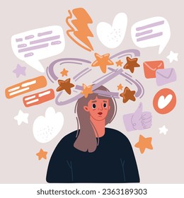 Cartoon vector illustration of Sick woman having dizzy symptom. Female feeling vertigo. Dizziness illness.