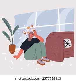 Cartoon vector illustration of Sick woman having dizzy symptom. Female feeling vertigo. Dizziness illness. Character sitting at the floor