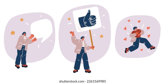 Cartoon vector illustration of Side girl with hearts emoji social media thumbs up and speech bubble