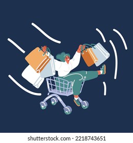 Cartoon vector illustration of Side view of young women screaming and riding shopping with her purchases over dark backround
