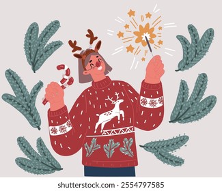 Cartoon vector illustration of Side view merry young woman wear xmas sweater Santa of Portrait of an excited happy girl wearing christmas deer costume celebrating christmas