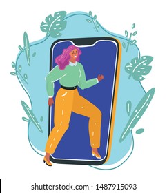 Cartoon vector illustration of Sign in authorization. Woman step into smartphone and log in to the account. Application or website user. Human characters.