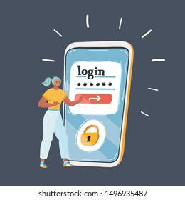 Cartoon vector illustration of Sign in authorization. Big smartphone and tiny woman try to log in to the account. Application or website user.